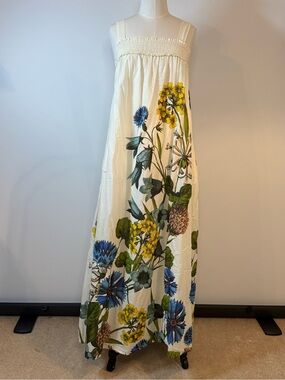 Anthropologie Cream Maxi dress with Blue, Yellow & Green Floral Design